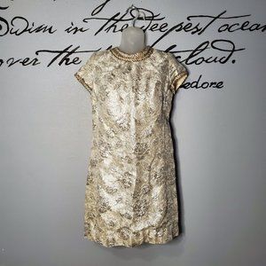 Vintage 1960s Gold Brocade Shift Dress w/ Back Bow, S